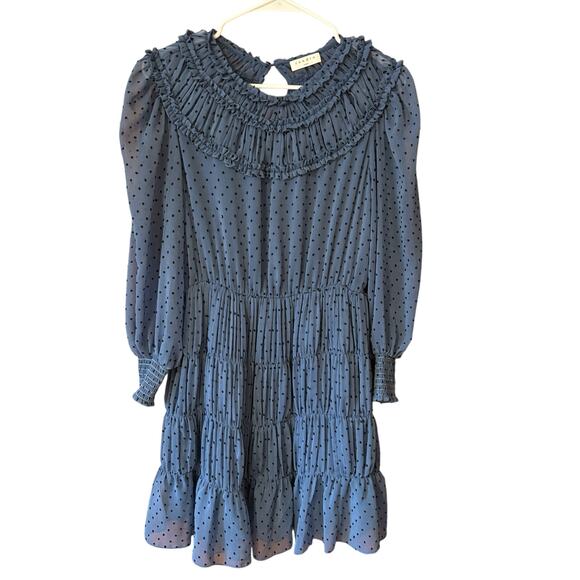 Sandro Paris Blue Smocked Mini Dress Sheer Polka Dot Ruffle Long Sleeve Small - Picture 4 of 12